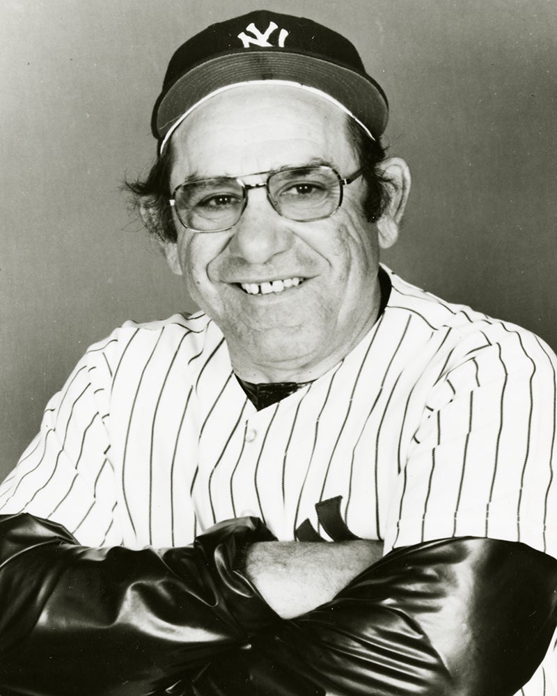 Head and shoulders portrait of Yogi Berra in Yankees uniform